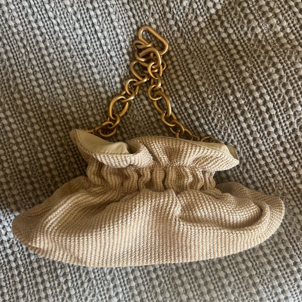 Cult Gaia Bara Beige Clutch with Gold Chain